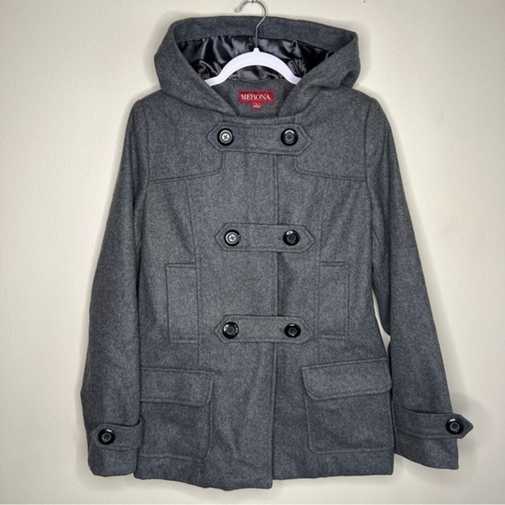 Merona Gray Wool Blend Button & Zip Front Hooded‎ Pea Coat
